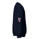 "Leo" is written in pink on the sleeve, adding a stylish touch on a navy sweatshirt.