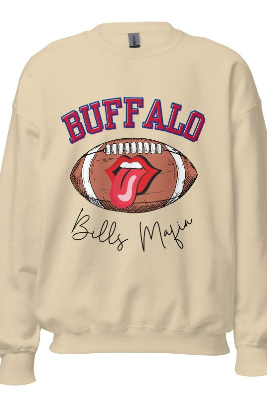 Show your Buffalo Bills pride with our premium sweatshirt featuring the team's name and iconic slogan, "Bills Mafia." On a sand colored sweatshirt. 