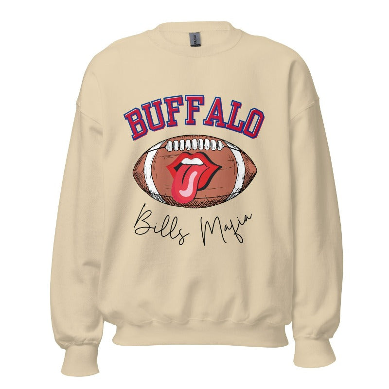 Show your Buffalo Bills pride with our premium sweatshirt featuring the team's name and iconic slogan, "Bills Mafia." On a sand colored sweatshirt. 
