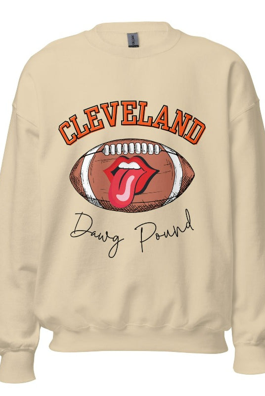 Show your Cleveland Browns pride with our exclusive sweatshirt featuring the team's name and iconic slogan, "Dawg Pound." On a sand colored sweatshirt. 