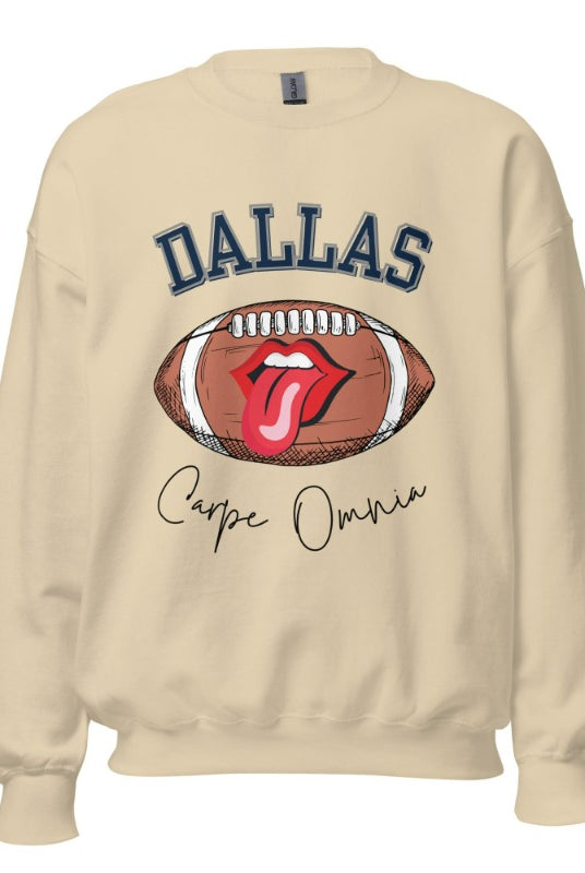 Embrace your Dallas Cowboys pride with our premium sweatshirt showcasing the team's name and empowering slogan, "Crape Omnia." On a sand colored sweatshirt. 