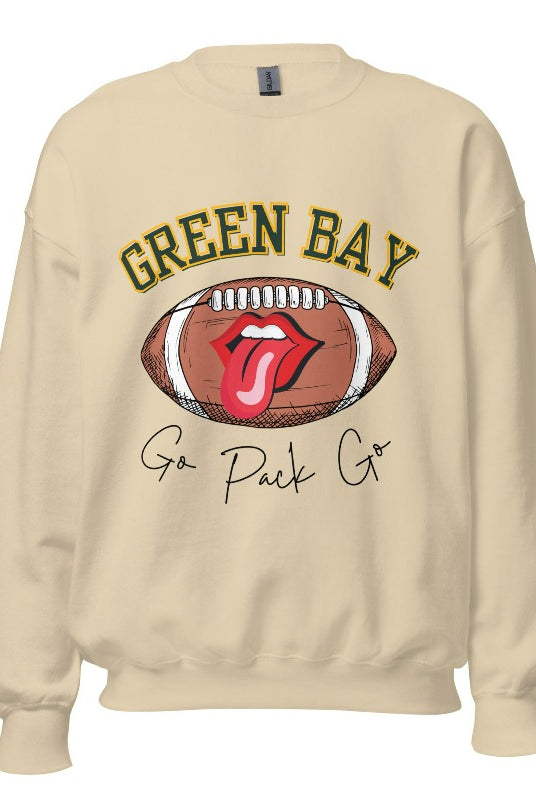 Support the Green Bay Packers in style with our exclusive sweatshirt featuring the team's name and iconic slogan, "Go Pack Go." On a sand colored sweatshirt. 