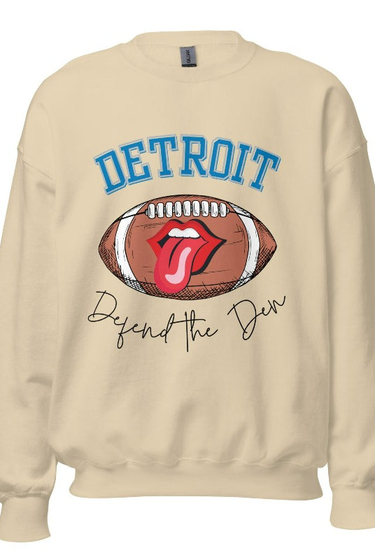 Get ready to show your Detroit Lions pride with this stylish sweatshirt featuring a football and playful lips and tongue design. Complete with the team's slogan "Defend the Den" and the iconic Detroit wordmark, this cozy sand colored sweatshirt. 