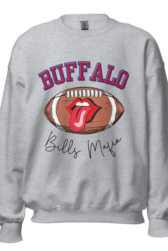 Show your Buffalo Bills pride with our premium sweatshirt featuring the team's name and iconic slogan, "Bills Mafia." ON a grey sports sweatshirt. 