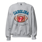 Support the Carolina Panthers in style with our modern and trendy sweatshirt featuring the team's name and powerful teams slogan, "Keep Pounding."  On a grey sweatshirt. 