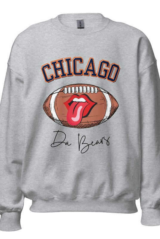 Embrace your Chicago Bears pride with our exclusive sweatshirt featuring the team's name and iconic slogan, "Da Bears." On a grey sweatshirt. 