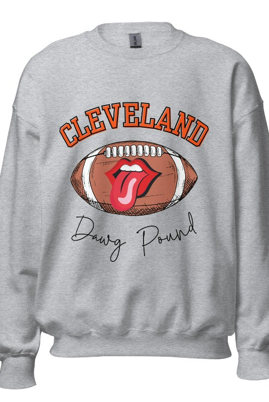 Show your Cleveland Browns pride with our exclusive sweatshirt featuring the team's name and iconic slogan, "Dawg Pound." On a sports grey sweatshirt. 