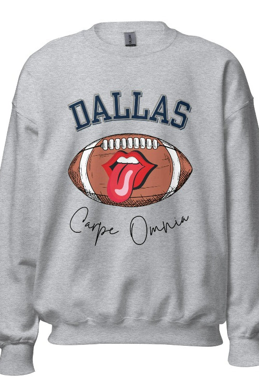 Embrace your Dallas Cowboys pride with our premium sweatshirt showcasing the team's name and empowering slogan, "Crape Omnia." On a sports grey sweatshirt. 