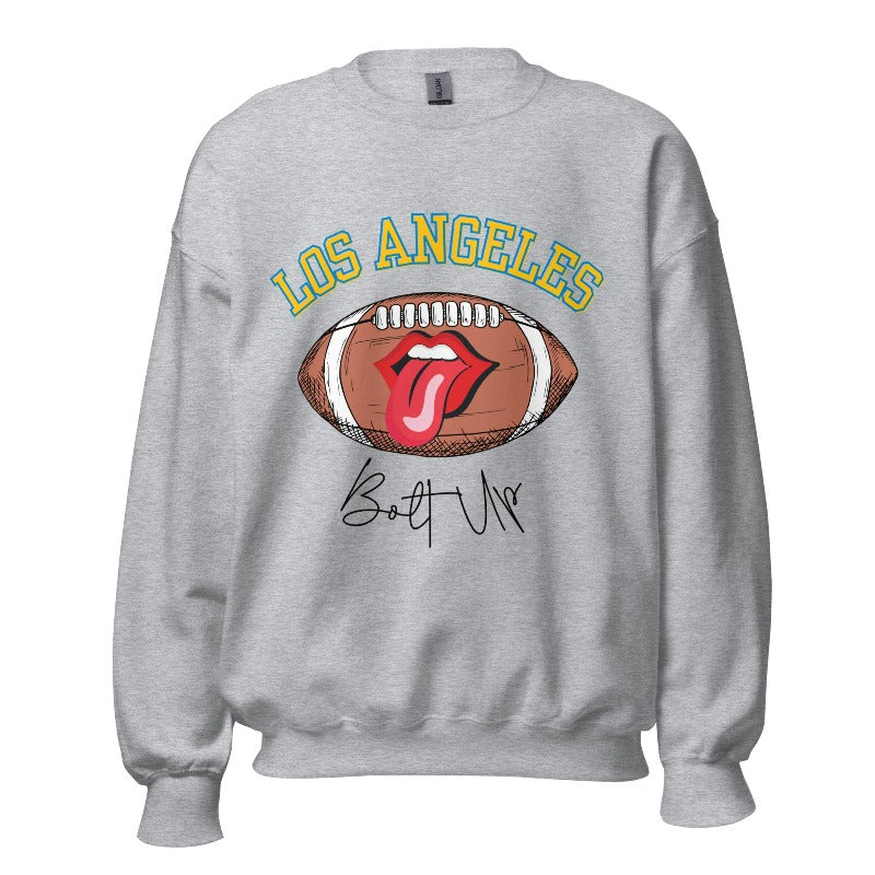 Show off your Los Angeles Chargers pride with our exclusive sweatshirt. It features the team's name and the electrifying slogan "Bolt Up." On a grey sweatshirt. 