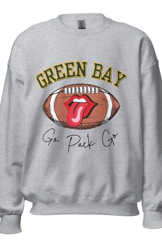 Support the Green Bay Packers in style with our exclusive sweatshirt featuring the team's name and iconic slogan, "Go Pack Go." On a grey sweatshirt. 