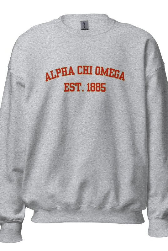 Alpha Chi Omega Est 1885 Sports lettering PNG sublimation digital download design, on a grey graphic sweatshirt.