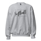 Softball terminology pullover sweatshirt. Graphic on a grey sweatshirt.