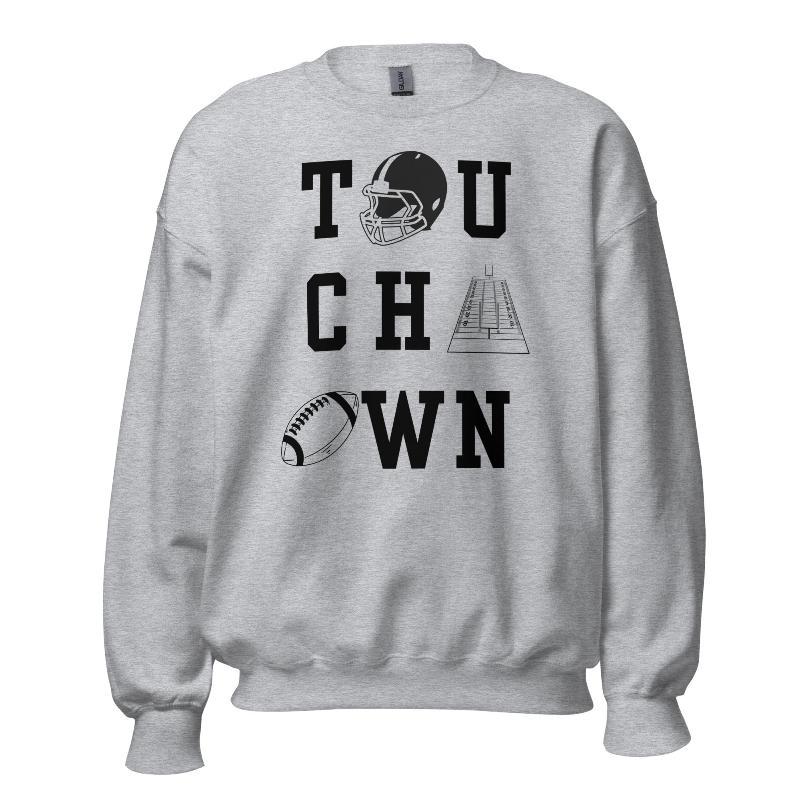 "TOUCHDOWN" letters, featuring a football helmet, field, and football graphics on a grey sweatshirt. 