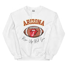 Support the Arizona Cardinals in style with our exclusive sweatshirt featuring the team's name and rallying slogan, "Rise Up Red Sea." ON a white sweatshirt.