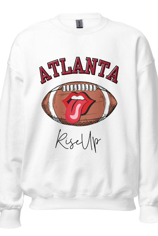 Show your Atlanta Falcons pride with our cozy and warm sweatshirt featuring the team's name and empowering slogan, "Rise Up." On a white sweatshirt. 