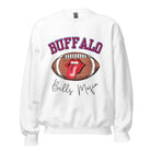 Show your Buffalo Bills pride with our premium sweatshirt featuring the team's name and iconic slogan, "Bills Mafia." ON a white sweatshirt. 