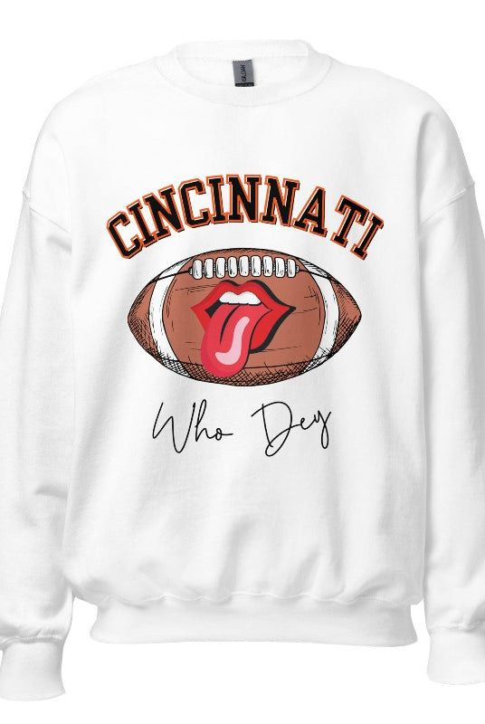 Gear up and show your support for the Cincinnati Bengals with our premium sweatshirt featuring the team's name and rallying slogan, "Who Dey." On a white sweatshirt. 