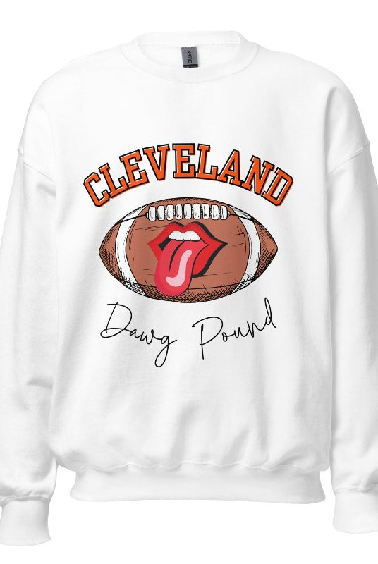 Show your Cleveland Browns pride with our exclusive sweatshirt featuring the team's name and iconic slogan, "Dawg Pound." On a white sweatshirt. 