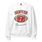 Get ready to show your support for the Denver Broncos in style with our exclusive sweatshirt featuring the team's iconic name and their slogan "uncommon." On a white sweatshirt. 