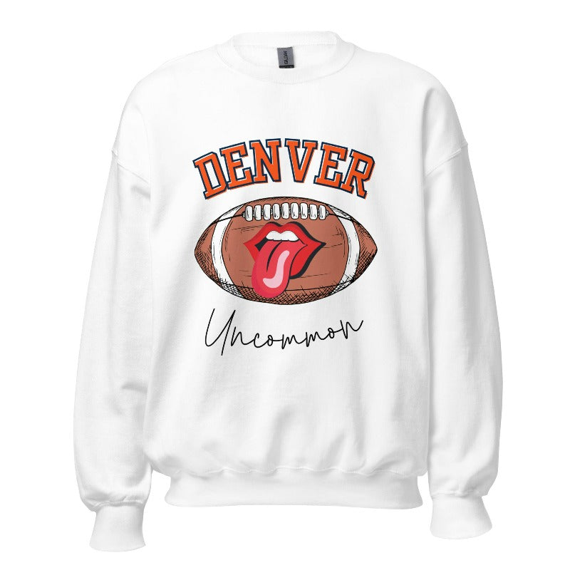 Get ready to show your support for the Denver Broncos in style with our exclusive sweatshirt featuring the team's iconic name and their slogan "uncommon." On a white sweatshirt. 