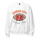 Show off your Kansas City pride with our exclusive sweatshirt that features the team's name and the spirited slogan, "Tomahawk Chop." On a white sweatshirt. 