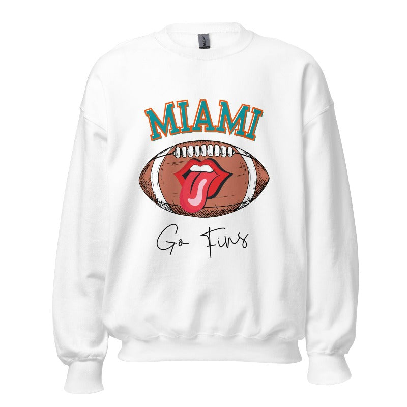 Show off your Miami Dolphins pride with this eye-catching sweatshirt, boasting a football and playful lips and tongue design. Highlighted with the team's motivating slogan "Go Fins" and the iconic Miami wordmark, on a white sweatshirt. 