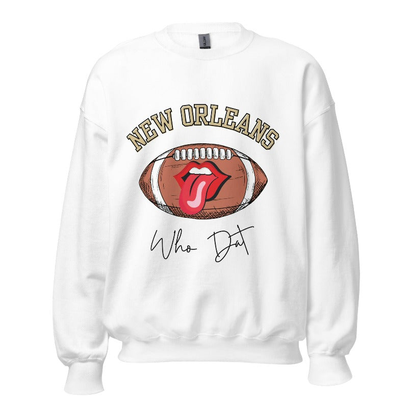 Get ready to represent the New Orleans Saints in style with this vibrant sweatshirt. Featuring a football and playful lips and tongue design, it proudly displays the team's iconic slogan "Who Dat" and the distinctive New Orleans wordmark on a white sweatshirt. 