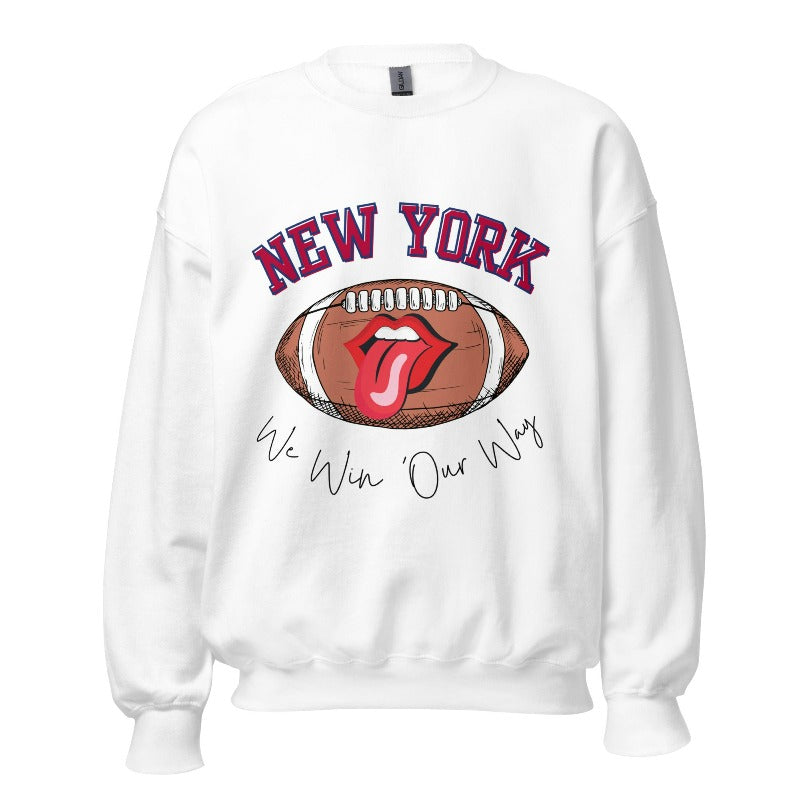 Elevate your game-day attire with this New York Giants sweatshirt, featuring a football and unique lips and tongue design. Highlighted with the team's empowering slogan "We Win Our Way" and the iconic New Yor wordmark, on a white sweatshirt. 