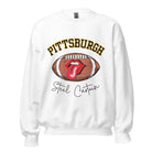 Geer up for game day with this Pittsburgh Steelers sweatshirt, featuring a football and playful lips and tongue design. Emblazoned with the team's iconic slogan "Steel Curtain" and the distinctive Pittsburgh wordmark, on a white sweatshirt. 