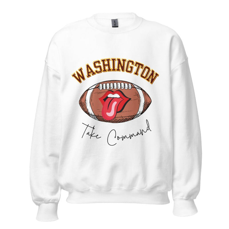 Show your support for the Washington Commanders with this stylish sweatshirt, featuring a football and fun lips and tongue design. Complete with the team's slogan "Take Command" and the distinctive Washington wordmark, on a white sweatshirt. 