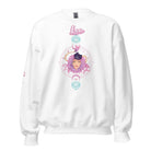 Gildan crewneck pullover sweatshirt featuring a pastel illustration of a Leo figure with flowing purple hair, surrounded by celestial elements. The word "Leo" is written in pink on the sleeve, adding a stylish touch on a white sweatshirt.