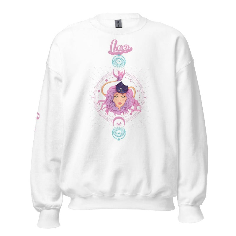 Gildan crewneck pullover sweatshirt featuring a pastel illustration of a Leo figure with flowing purple hair, surrounded by celestial elements. The word "Leo" is written in pink on the sleeve, adding a stylish touch on a white sweatshirt.