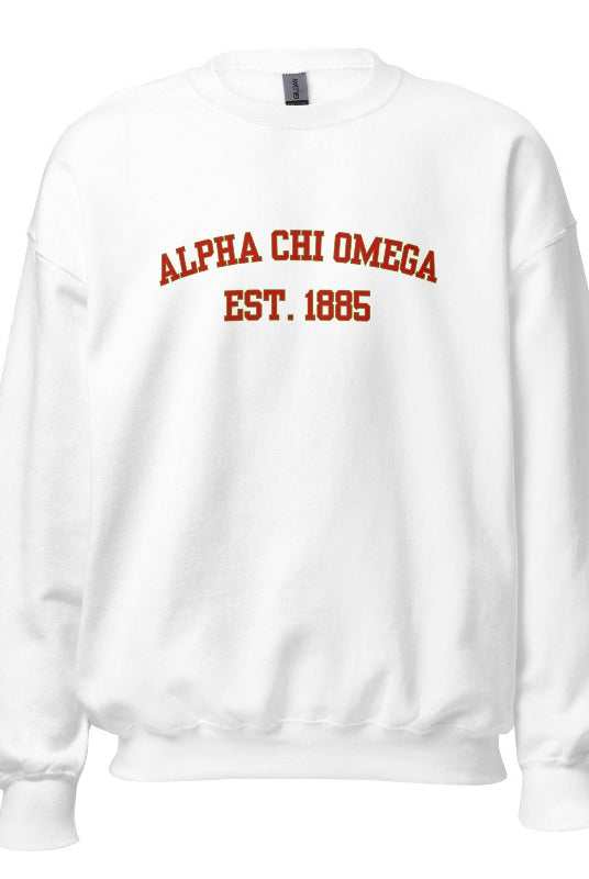 Stay cozy in style with this Alpha Chi Omega Est 1885 pullover sweatshirt - a must-have for any collection of sorority sweatshirts, representing timeless sisterhood pride. White Graphic sweatshirt