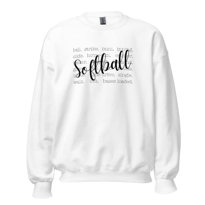 Softball terminology pullover sweatshirt. Graphic on a white sweatshirt. 