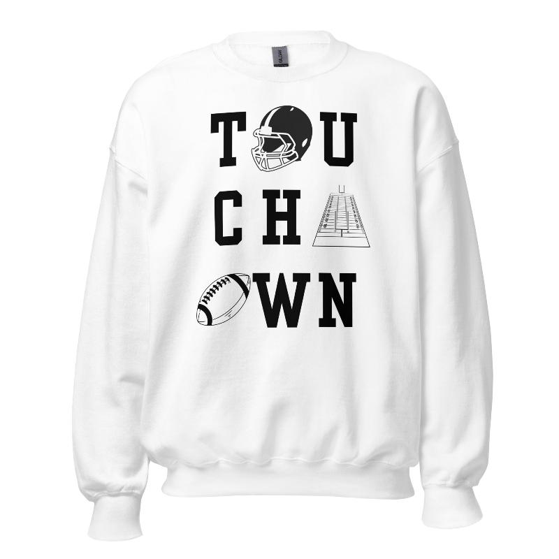 "TOUCHDOWN" letters, featuring a football helmet, field, and football graphics on a white sweatshirt. 