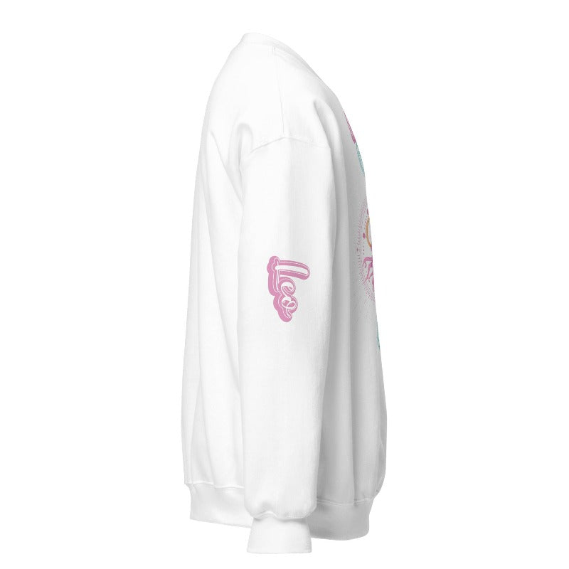 "Leo" is written in pink on the sleeve, adding a stylish touch on a white sweatshirt.