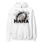 Gildan Hoodie Sweatshirt featuring a cheetah print football graphic with the word "MAMA" in bold black letters underneath, set against a dynamic black splatter background. The hoodie has a front pouch pocket, double-lined hood, and rib-knit cuffs and waistband. This design is on a white hoodie