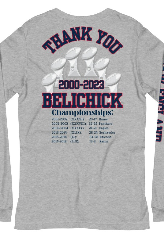 Show your love for the New England Patriots with this stylish graphic long t-shirt featuring 6 football championship trophies. Pay homage to head coach Bill Belichick's tenure (2000-2023) with championship dates and scores on the back, while the front pocket showcases the iconic 6 trophies. The right sleeve proudly displays "New England," celebrating an era of football dominance and what was a dynasty. A must-have for all New England Fans to say thank you to the coaching GOAT on a grey shirt.