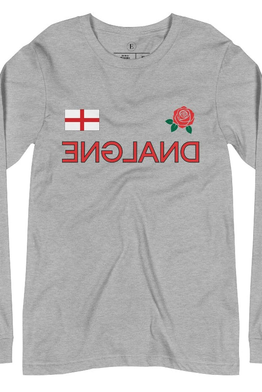 Introducing our England Rugby Backwards Letter Graphic Long Sleeve Shirt - a unique and bold representation of your love for English rugby! This long sleeve shirt features the word "England" spelled with backwards letters, creating an eye-catching and distinctive design that is sure to turn heads on a grey shirt. 