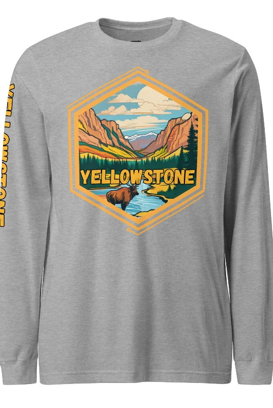 Yellowstone National Park Unisex long-sleeve shirt, with image on right arm and front on a grey shirt.