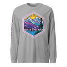 North Cascades Long Sleeve Shirt featuring a vibrant design of mountain peaks and serene landscapes, highlighting the beauty of North Cascades National Park.