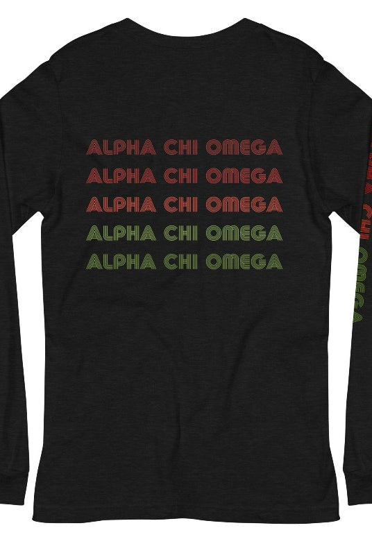 Long sleeve Bella Canva Alpha Chi Omega graphic tee with summer lettering - a stylish addition to your sorority shirts collection, perfect for showing off your Alpha Chi Omega pride Black Graphic Tee back of Shirt