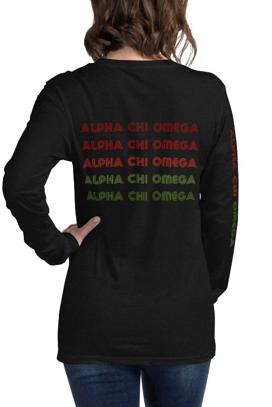 Long sleeve Bella Canva Alpha Chi Omega graphic tee with summer lettering - a stylish addition to your sorority shirts collection, perfect for showing off your Alpha Chi Omega pride Black Graphic Tee Back of Shirt