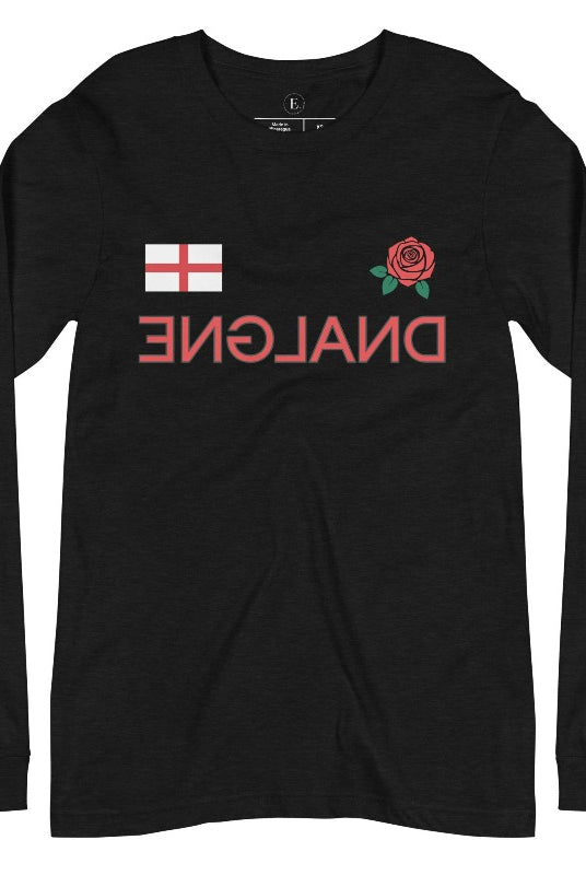 Introducing our England Rugby Backwards Letter Graphic Long Sleeve Shirt - a unique and bold representation of your love for English rugby! This long sleeve shirt features the word "England" spelled with backwards letters, creating an eye-catching and distinctive design that is sure to turn heads on a black shirt. 