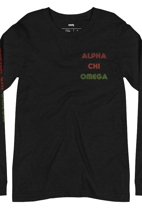 Long sleeve Bella Canva Alpha Chi Omega graphic tee with summer lettering - a stylish addition to your sorority shirts collection, perfect for showing off your Alpha Chi Omega pride Black Graphic Tee