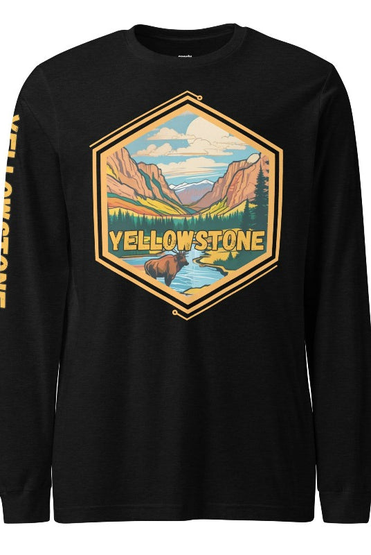 Yellowstone National Park Unisex long-sleeve shirt, with image on right arm and front on a black shirt. 