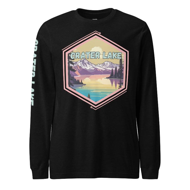 A colorful illustration of Crater Lake National Park with the text 'Crater Lake National Park' and 'Oregon 1902'. The right sleeve also has the text 'Crater Lake' on a black shirt.