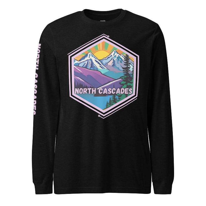 North Cascades Long Sleeve Shirt featuring a vibrant design of mountain peaks and serene landscapes, highlighting the beauty of North Cascades National Park.