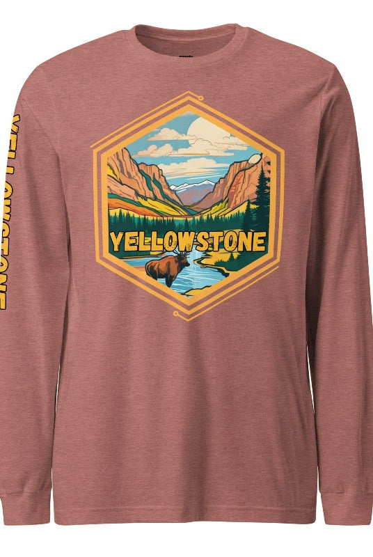 Yellowstone National Park Unisex long-sleeve shirt, with image on right arm and front on a heather mauve shirt.