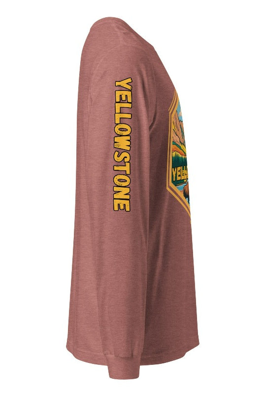 Yellowstone National Park Unisex long-sleeve shirt, with image on right arm and front on a heather mauve shirt.